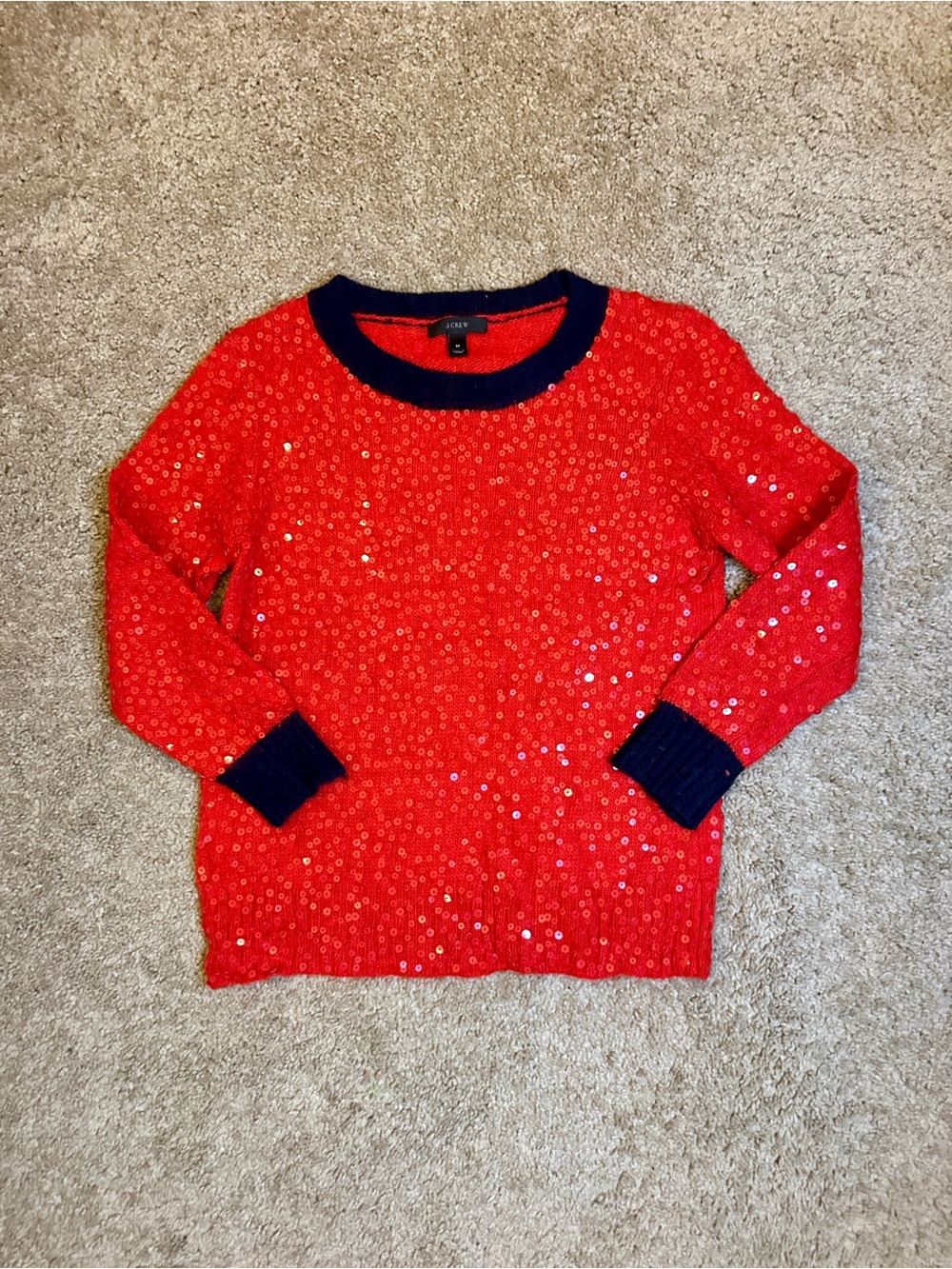 J. Crew Red Sequin Crew Neck Sweater